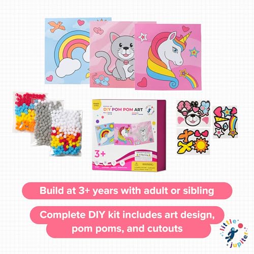 Little Jupiter DIY Pom Pom Art Kit for Kids Ages 3-5 – Set 2: Unicorn, Rainbow, Cat – Toddler Craft Activity