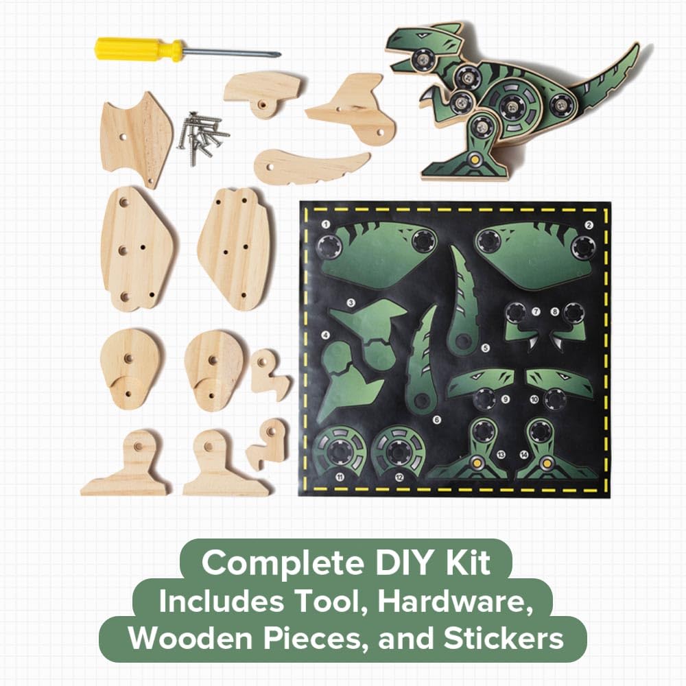 Little Jupiter DIY Wooden Dinosaur Kit for Kids 7-12 – Build a T-Rex with Stickers and Screws