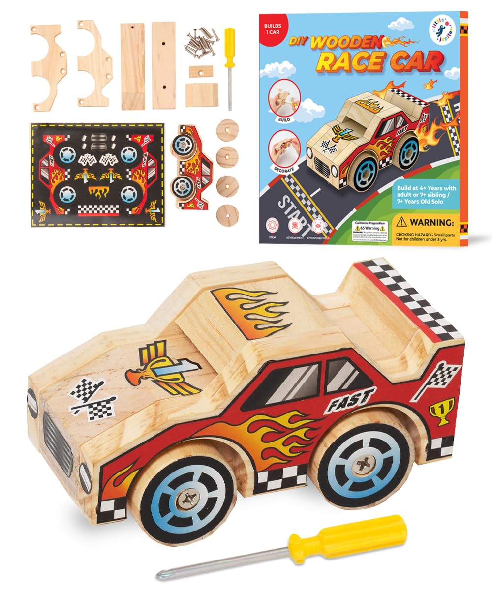 Little Jupiter DIY Wooden Race Car Building Kit for Kids Ages 4-7 - STEM Craft Toy with Stickers and Tools