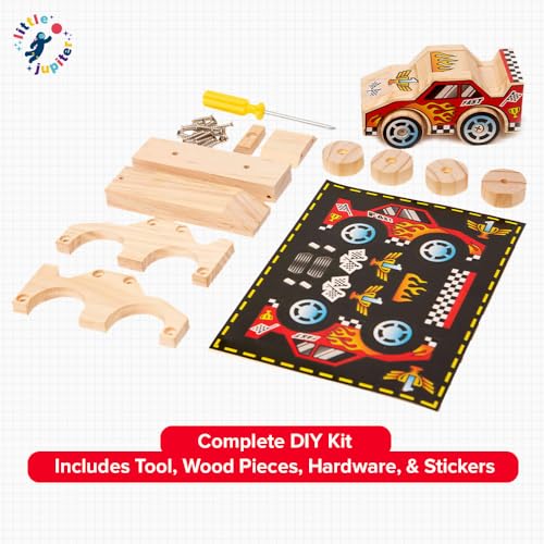 Little Jupiter DIY Wooden Race Car Building Kit for Kids Ages 4-7 - STEM Craft Toy with Stickers and Tools