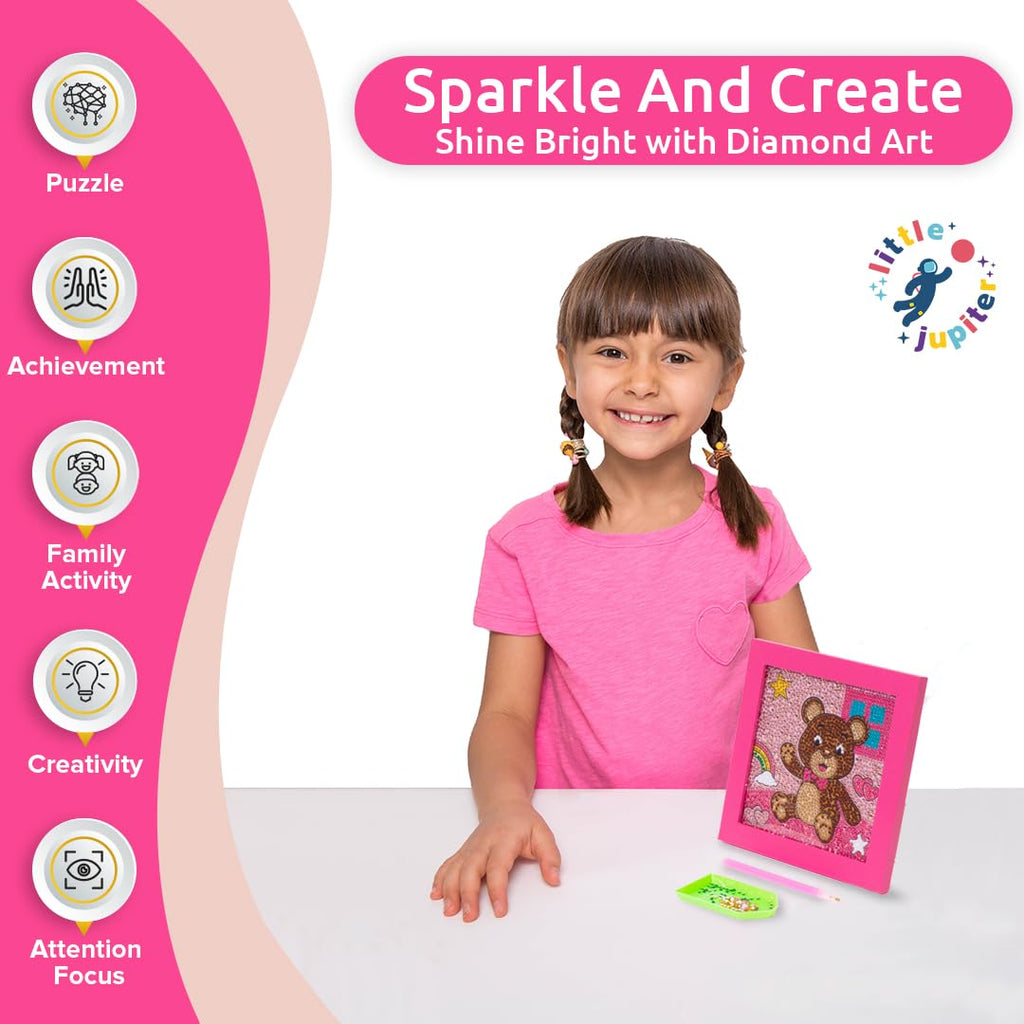 Little Jupiter Kids Diamond Art Kit - Teddy Bear with Pink Frame - 7 1/8" x 7 1/8"