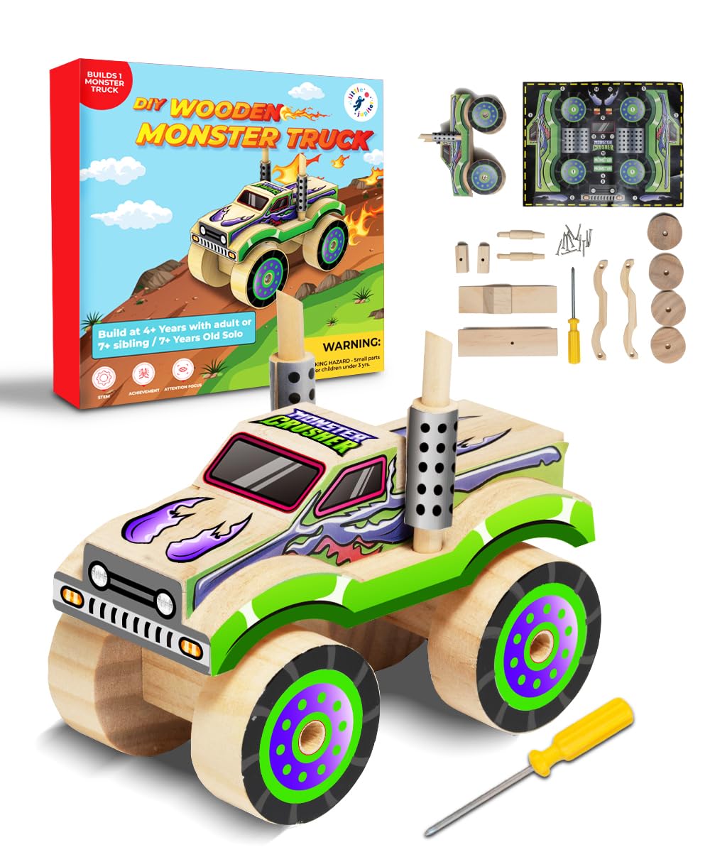 Little Jupiter Monster Truck DIY Wooden Kit – Kids Building Set with Stickers, Ages 4-7