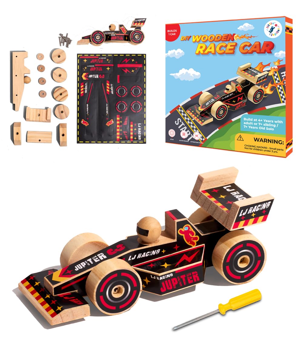 Little Jupiter Open Wheel Car DIY Wood Kit for Kids Ages 4-7 with Stickers