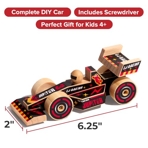 Little Jupiter Open Wheel Car DIY Wood Kit for Kids Ages 4-7 with Stickers