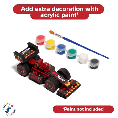 Little Jupiter Open Wheel Car DIY Wood Kit for Kids Ages 4-7 with Stickers