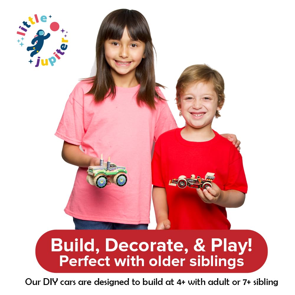 Little Jupiter Open Wheel Car DIY Wood Kit for Kids Ages 4-7 with Stickers