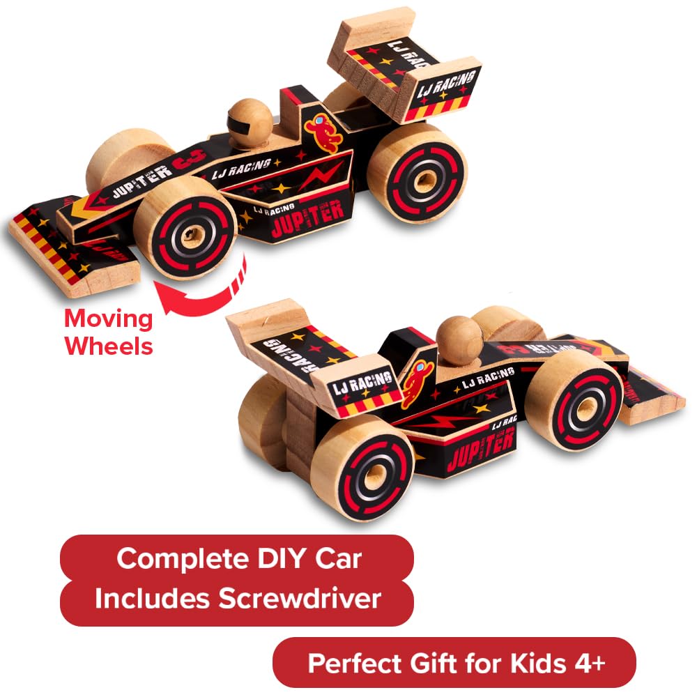 Little Jupiter Open Wheel Car DIY Wood Kit for Kids Ages 4-7 with Stickers
