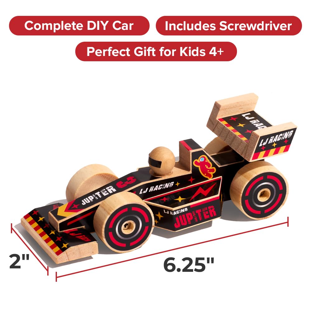 Little Jupiter Open Wheel Car DIY Wood Kit for Kids Ages 4-7 with Stickers