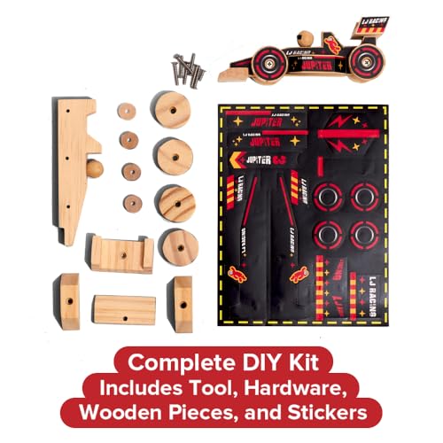 Little Jupiter Open Wheel Car DIY Wood Kit for Kids Ages 4-7 with Stickers