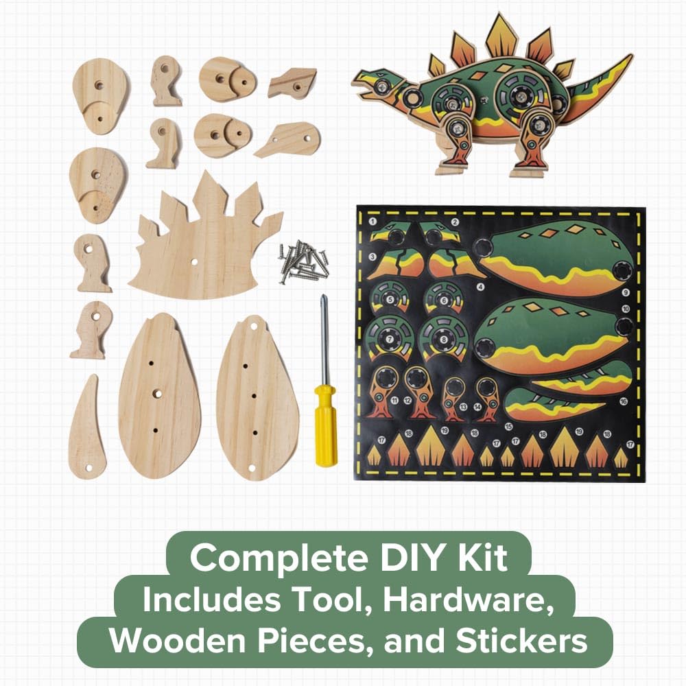 Little Jupiter Stegosaurus Wooden Building Kit for Kids 7-12 – DIY Dinosaur Craft with Stickers