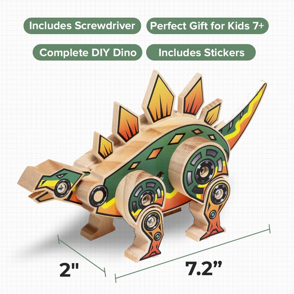 Little Jupiter Stegosaurus Wooden Building Kit for Kids 7-12 – DIY Dinosaur Craft with Stickers