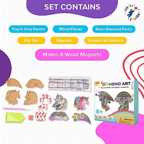Little Jupiter Unicorns & Rainbows Diamond Art Magnets Kit – 8 Wooden Magnet Crafts with Stickers and Resin Gems