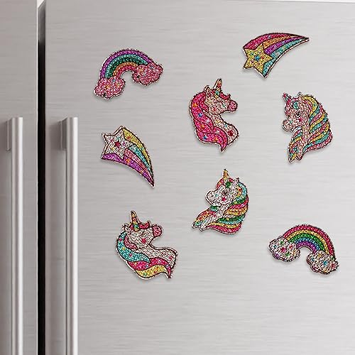 Little Jupiter Unicorns & Rainbows Diamond Art Magnets Kit – 8 Wooden Magnet Crafts with Stickers and Resin Gems