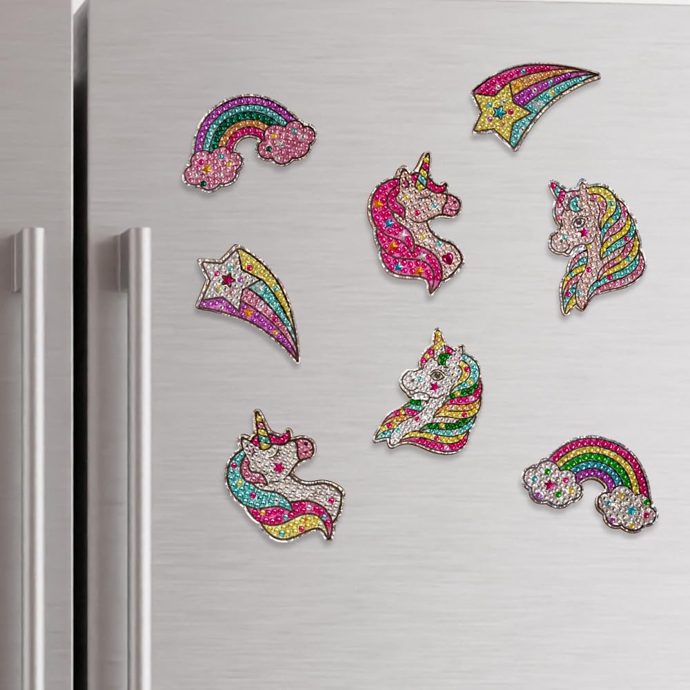 Little Jupiter Unicorns & Rainbows Diamond Art Magnets Kit – 8 Wooden Magnet Crafts with Stickers and Resin Gems