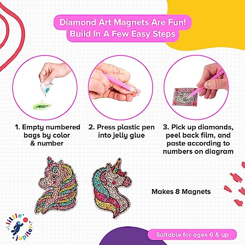 Little Jupiter Unicorns & Rainbows Diamond Art Magnets Kit – 8 Wooden Magnet Crafts with Stickers and Resin Gems