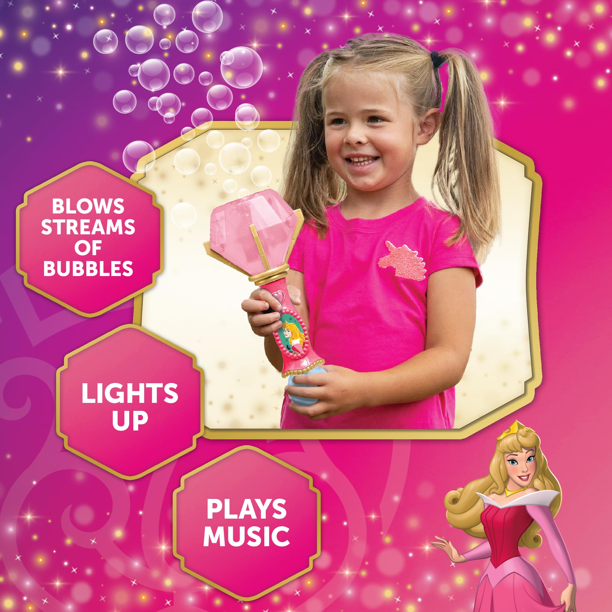 Little Kids Disney Princess Aurora Light & Sound Musical Bubble Wand with Bubble Solution