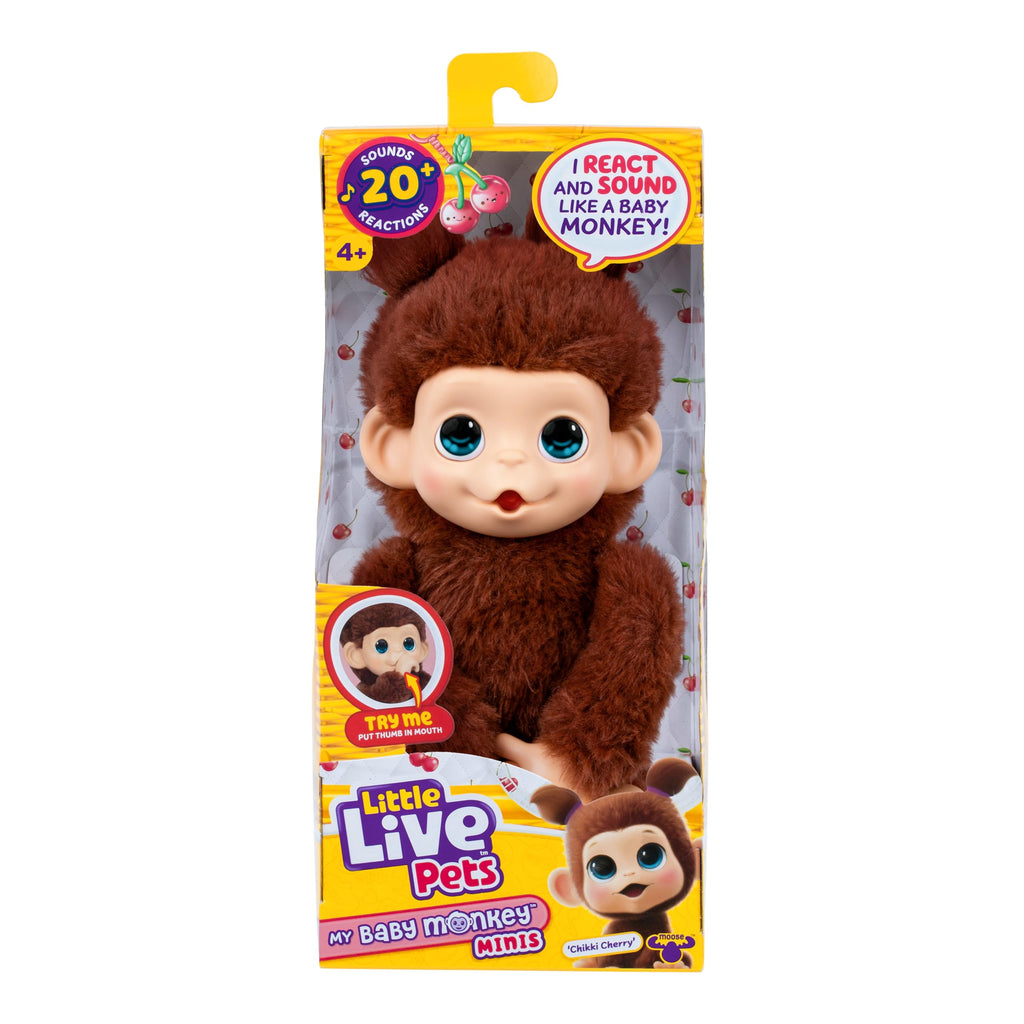 Little Live Pets Baby Monkey Minis Chikki Cherry – Interactive Toy with 20+ Sounds, Soft Brown Fur, 7.4" Tall