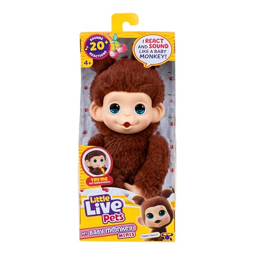 Little Live Pets Baby Monkey Minis Chikki Cherry – Interactive Toy with 20+ Sounds, Soft Brown Fur, 7.4" Tall