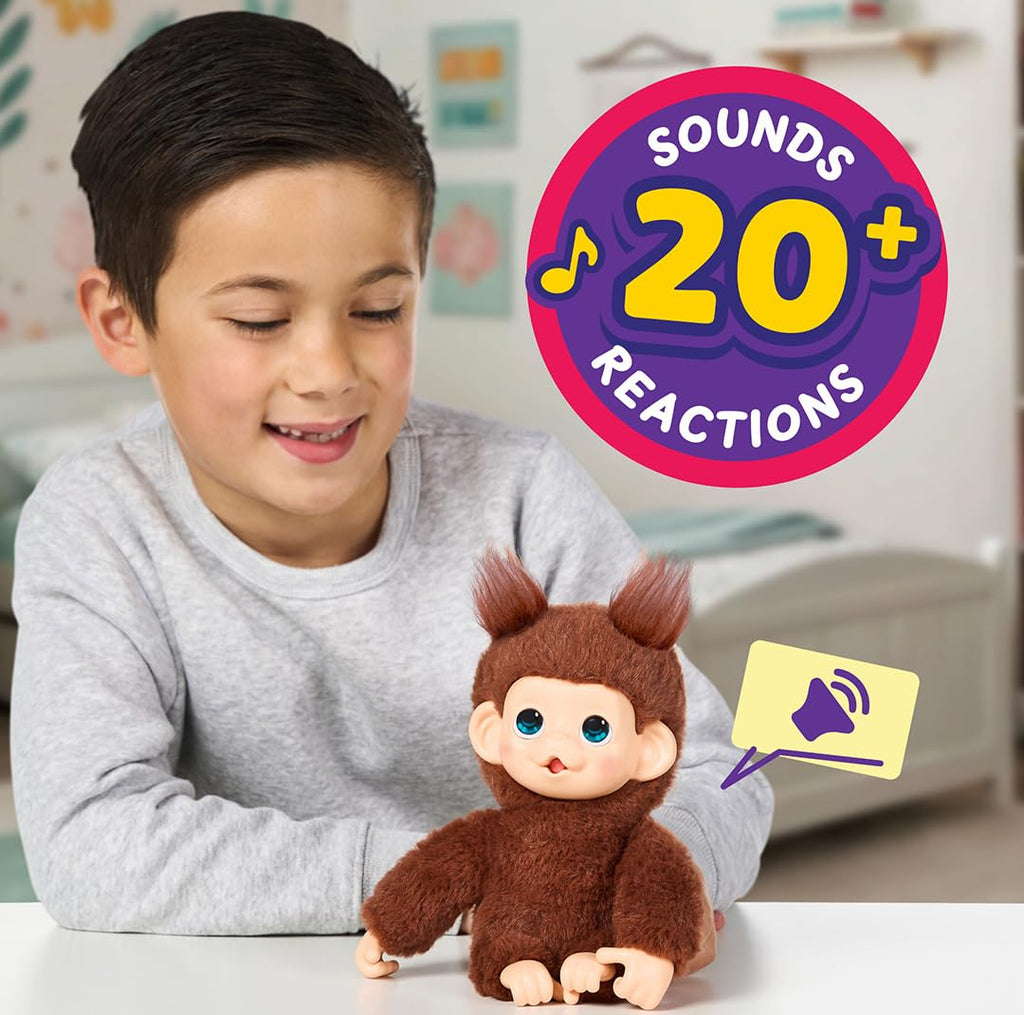 Little Live Pets Baby Monkey Minis Chikki Cherry – Interactive Toy with 20+ Sounds, Soft Brown Fur, 7.4" Tall