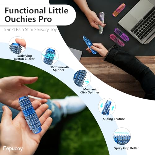Little Ouchies 5-in-1 Pain Stim Fidget - Blue Silver: Extra Sharp Spikes, Hidden Encouragement, Portable Stress Relief for Adults