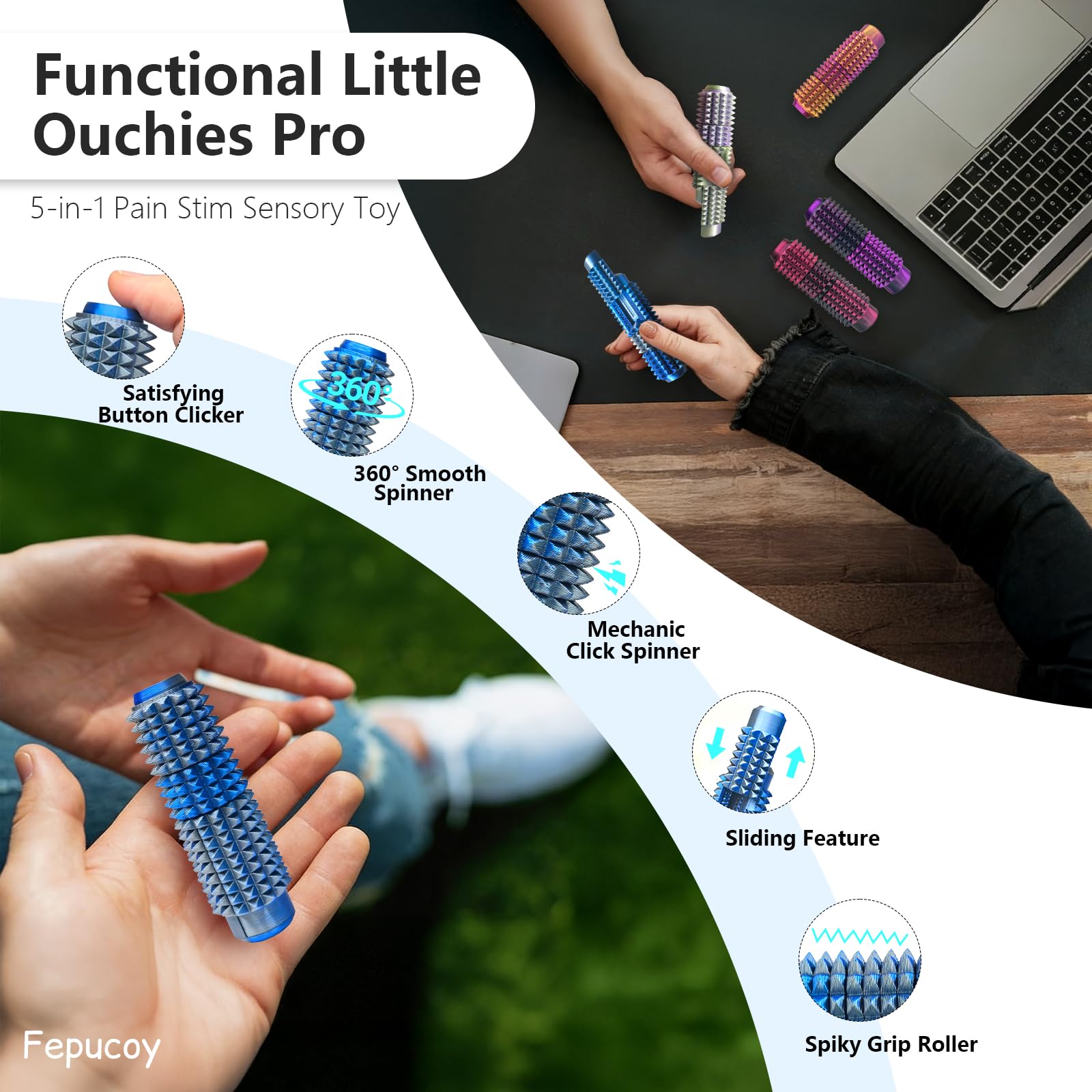 Little Ouchies 5-in-1 Pain Stim Fidget - Blue Silver: Extra Sharp Spikes, Hidden Encouragement, Portable Stress Relief for Adults