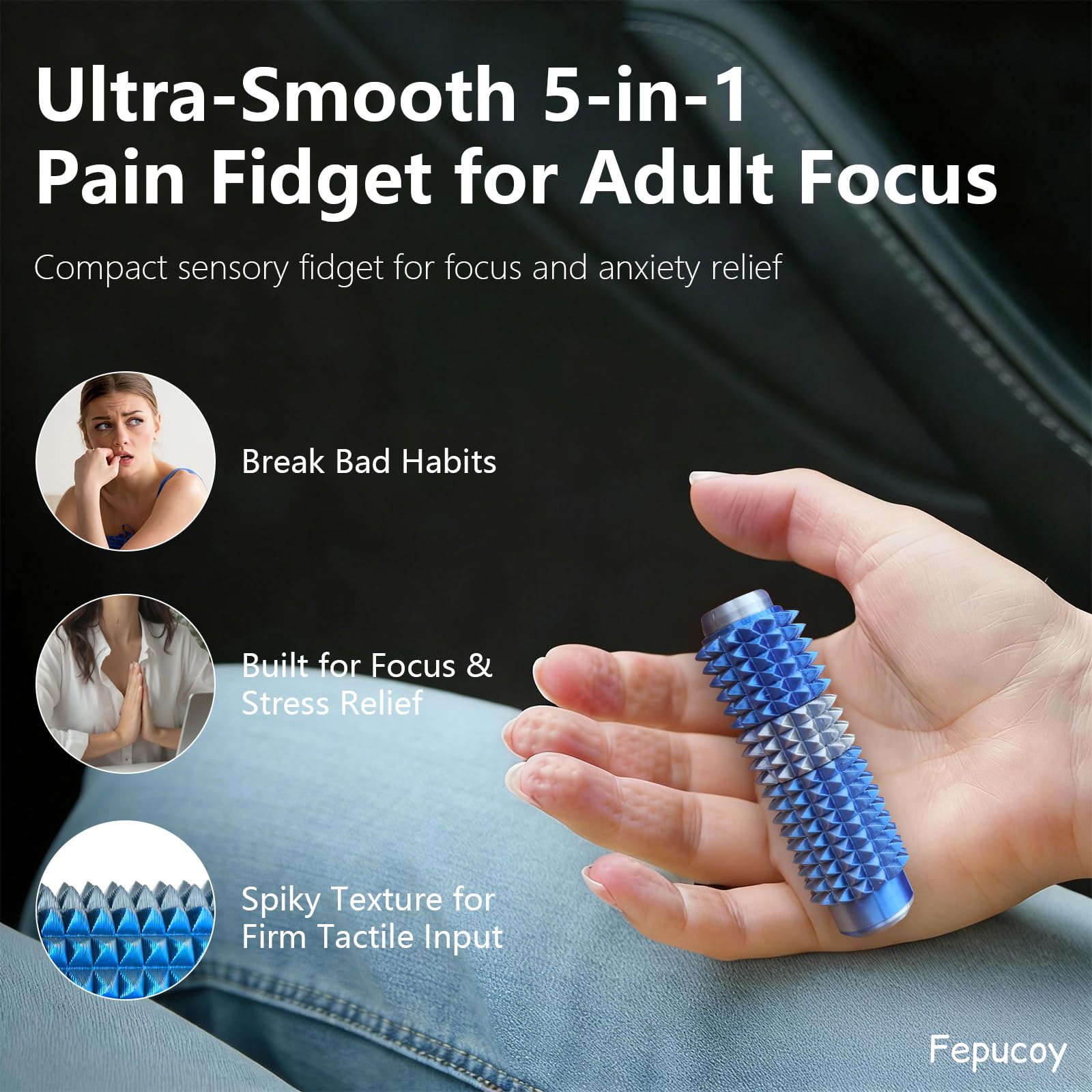Little Ouchies 5-in-1 Pain Stim Fidget - Blue Silver: Extra Sharp Spikes, Hidden Encouragement, Portable Stress Relief for Adults
