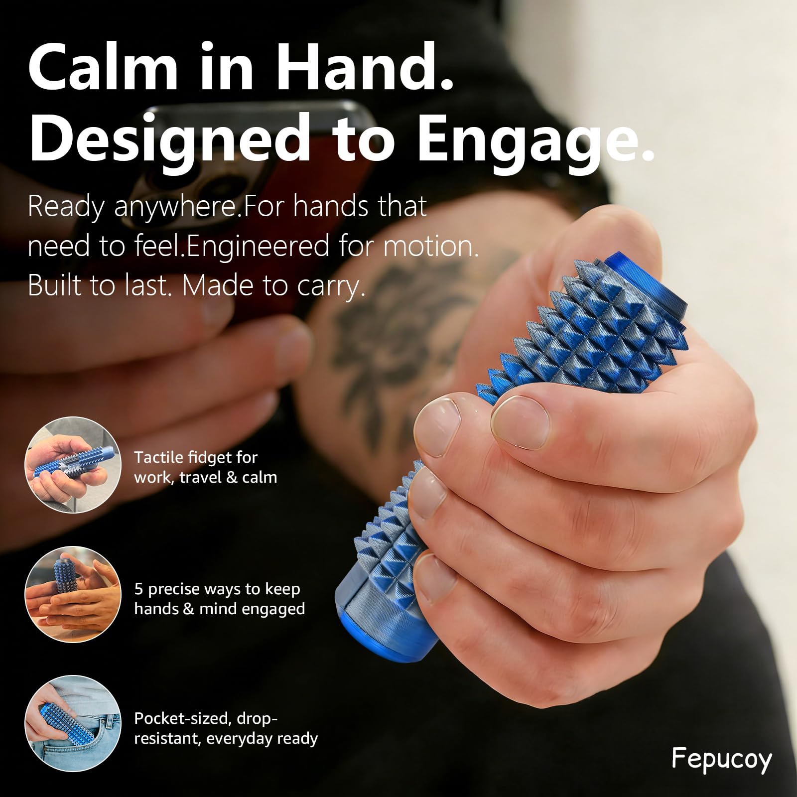 Little Ouchies 5-in-1 Pain Stim Fidget - Blue Silver: Extra Sharp Spikes, Hidden Encouragement, Portable Stress Relief for Adults