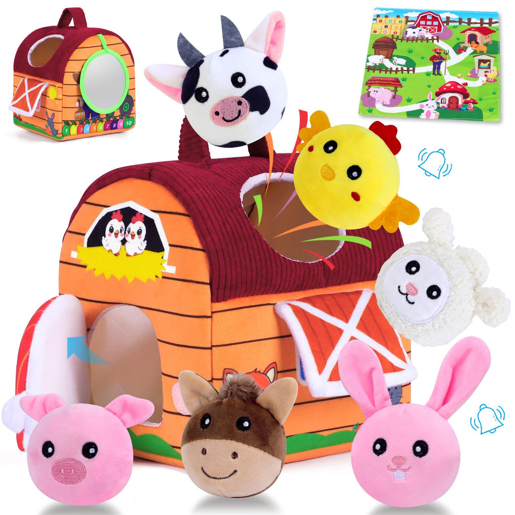 Little People Farm Sensory Toy Set for Infants 0-12 Months – Soft Barn with 6 Plush Animals, Crinkle, Rattle, Squeaker, Mirror – Montessori Learning, Gift for Baby