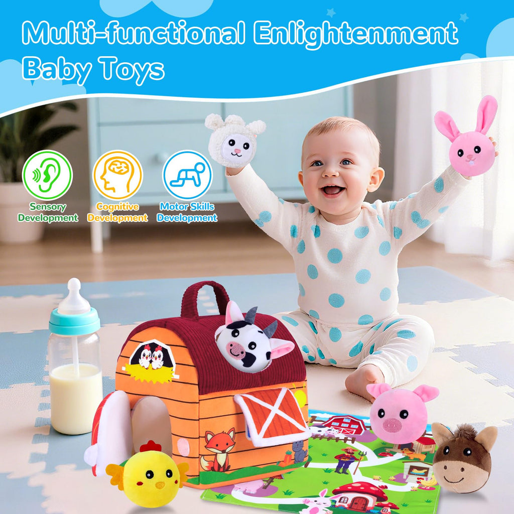 Little People Farm Sensory Toy Set for Infants 0-12 Months – Soft Barn with 6 Plush Animals, Crinkle, Rattle, Squeaker, Mirror – Montessori Learning, Gift for Baby