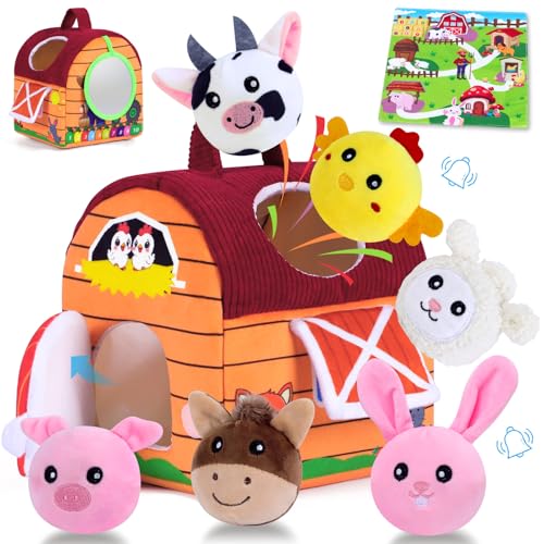Little People Farm Sensory Toy Set for Infants 0-12 Months – Soft Barn with 6 Plush Animals, Crinkle, Rattle, Squeaker, Mirror – Montessori Learning, Gift for Baby