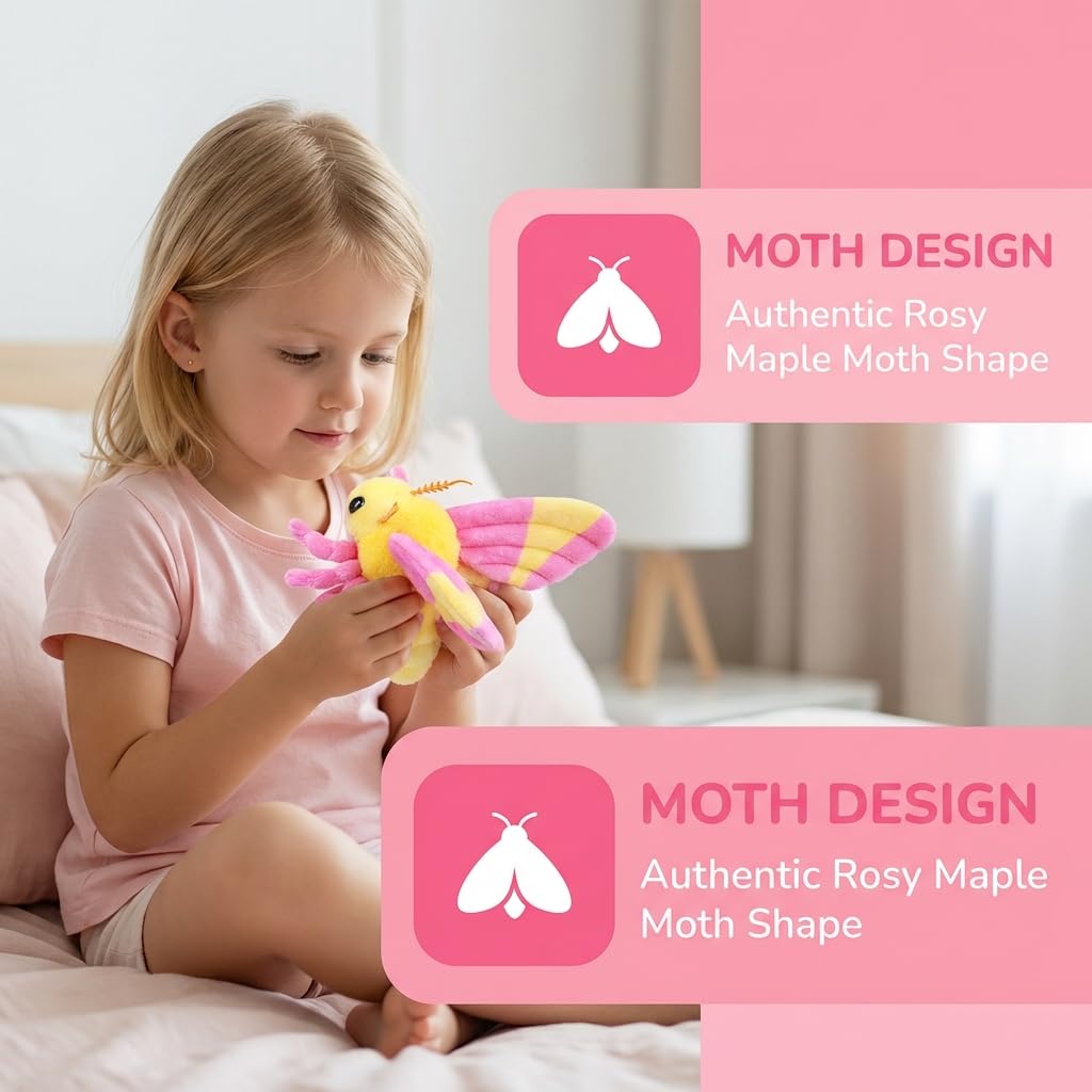 Little Rosy Maple Moth Plush Toy - Realistic Rosy Maple Moths Stuffed Animal Keychain, Cute Plushie Gift