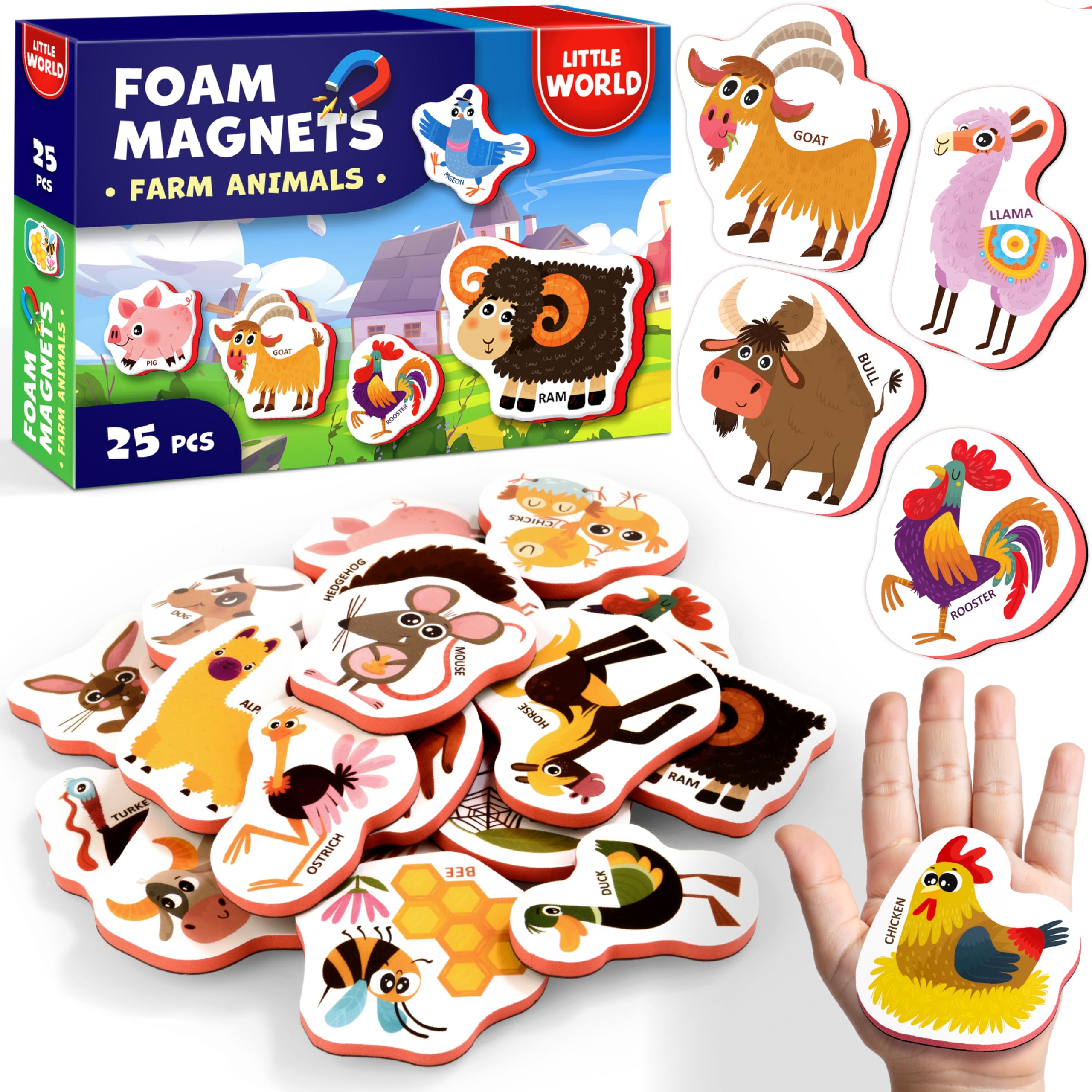 Little World 25-Piece Farm Animal Fridge Magnets for Toddlers - Safe, Water-Resistant EVA Foam Magnets with Gift Box