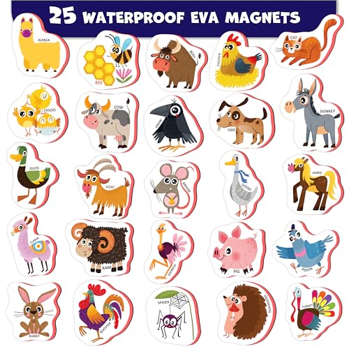 Little World 25-Piece Farm Animal Fridge Magnets for Toddlers - Safe, Water-Resistant EVA Foam Magnets with Gift Box