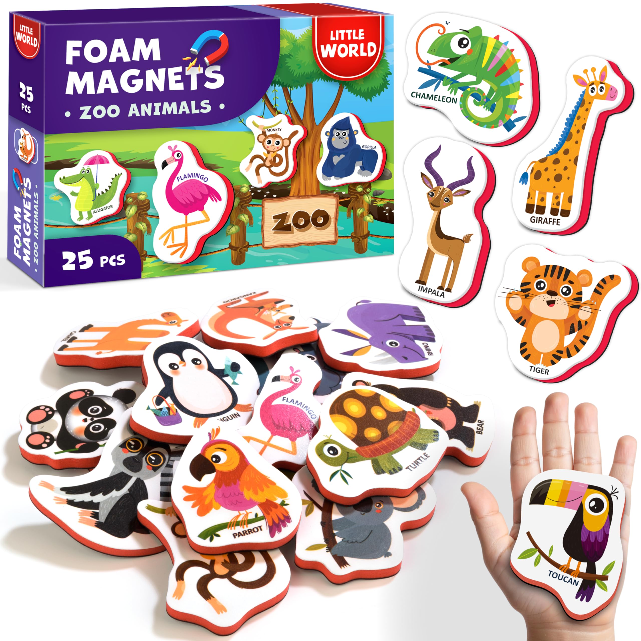 Little World 25-Piece Foam Animal Fridge Magnets for Toddlers 1-3 | Safe, Waterproof, Non-Toxic Zoo Magnets with Gift Box