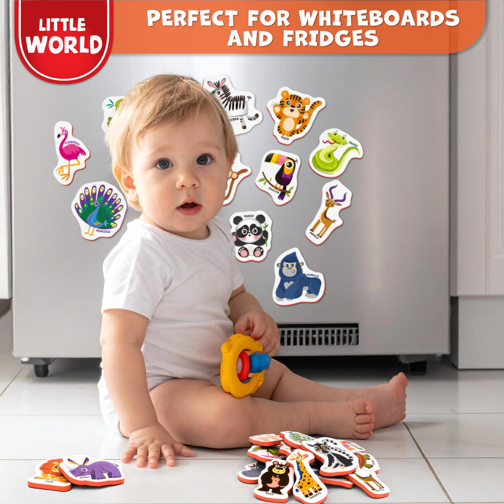 Little World 25-Piece Foam Animal Fridge Magnets for Toddlers 1-3 | Safe, Waterproof, Non-Toxic Zoo Magnets with Gift Box