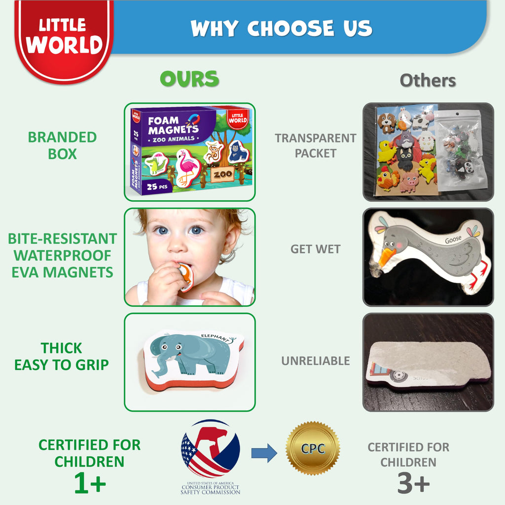 Little World 25-Piece Foam Animal Fridge Magnets for Toddlers 1-3 | Safe, Waterproof, Non-Toxic Zoo Magnets with Gift Box