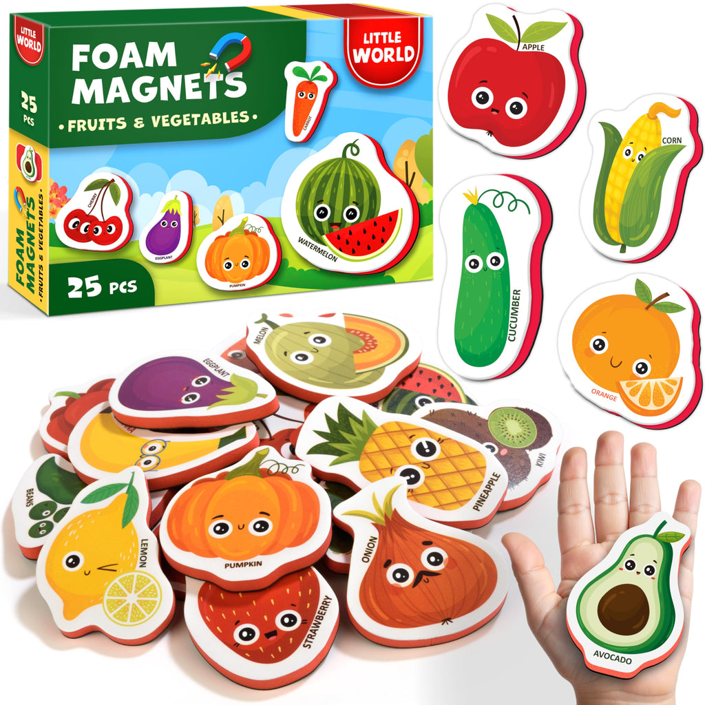 Little World 25-Piece Foam Fridge Magnets for Toddlers 1-3 – Safe, Water-Resistant Fruit & Veggie Magnets