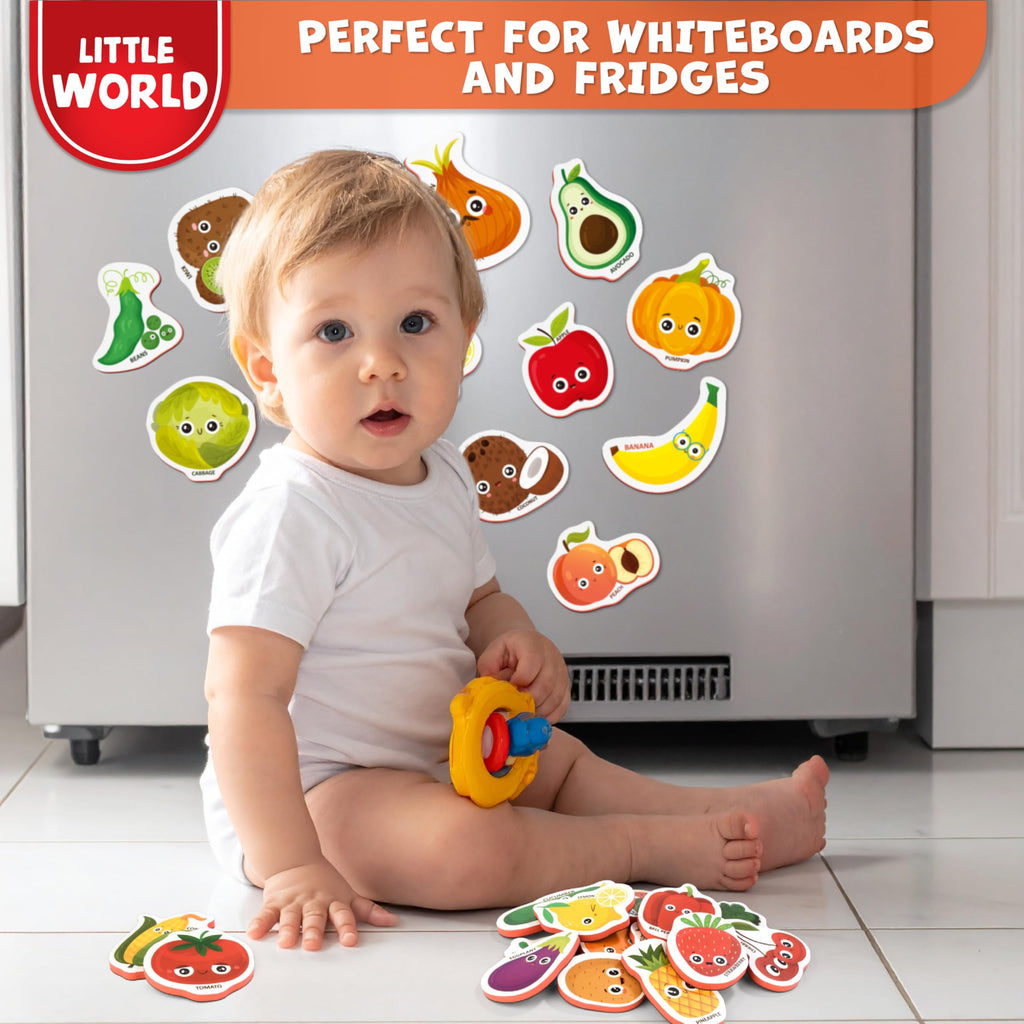 Little World 25-Piece Foam Fridge Magnets for Toddlers 1-3 – Safe, Water-Resistant Fruit & Veggie Magnets