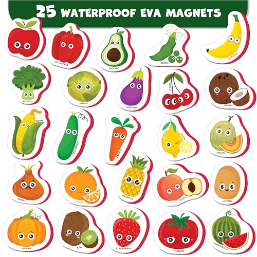 Little World 25-Piece Foam Fridge Magnets for Toddlers 1-3 – Safe, Water-Resistant Fruit & Veggie Magnets