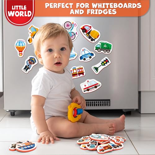 Little World 25-Piece Foam Fridge Magnets for Toddlers 1-3 – Vehicles & Professions, Safe and Waterproof