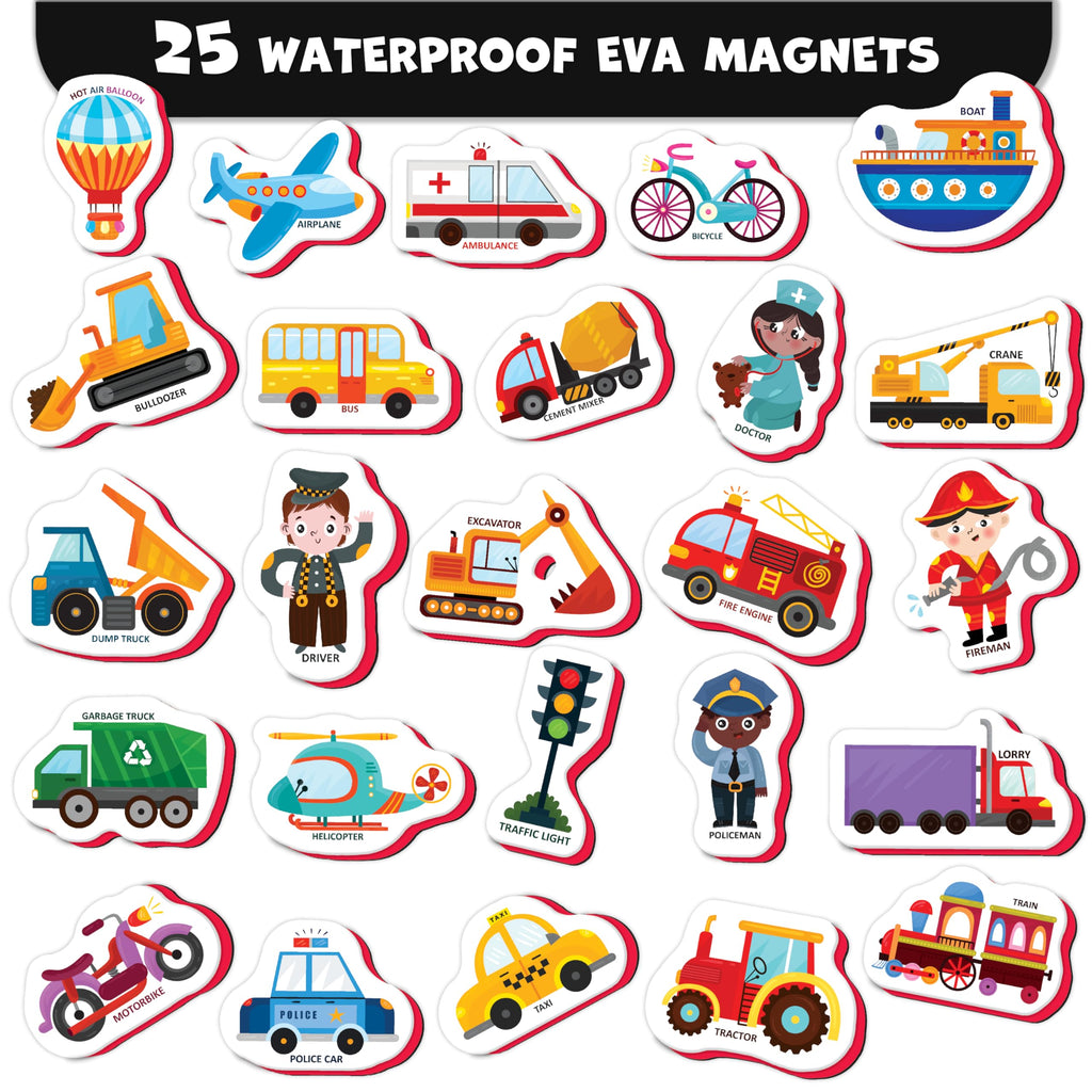 Little World 25-Piece Foam Fridge Magnets for Toddlers 1-3 – Vehicles & Professions, Safe and Waterproof