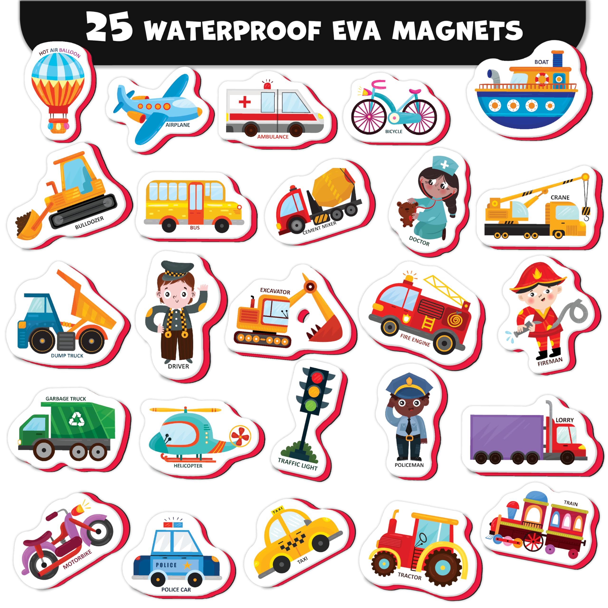 Little World 25-Piece Foam Fridge Magnets for Toddlers 1-3 – Vehicles & Professions, Safe and Waterproof