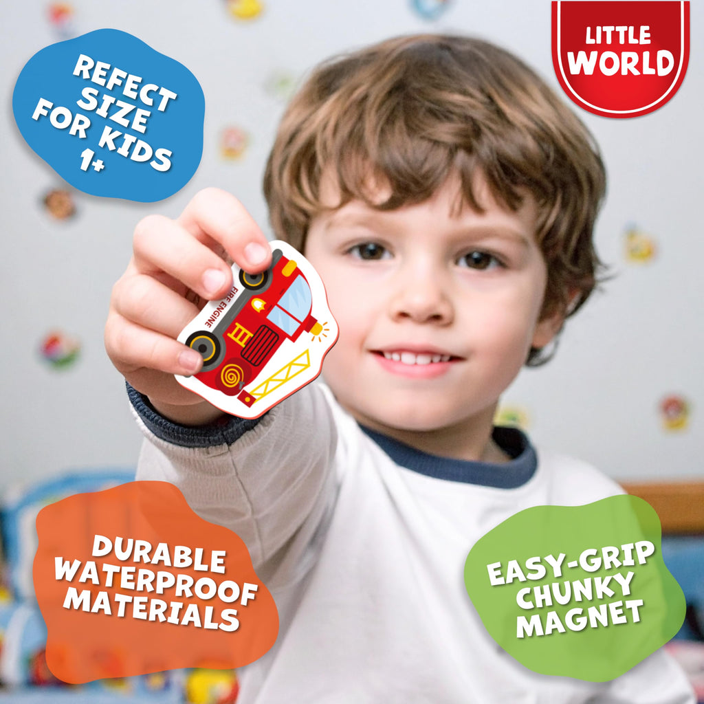 Little World 25-Piece Foam Fridge Magnets for Toddlers 1-3 – Vehicles & Professions, Safe and Waterproof