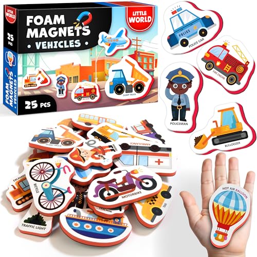 Little World 25-Piece Foam Fridge Magnets for Toddlers 1-3 – Vehicles & Professions, Safe and Waterproof