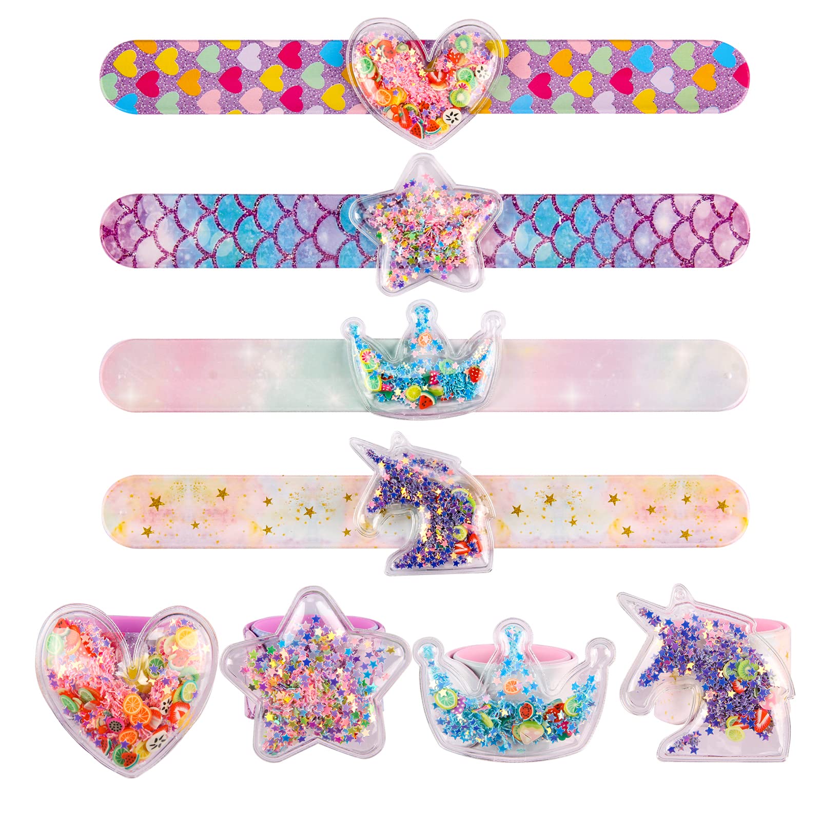 Little World 4-Pack Glitter Shaker Slap Bracelets: Unicorn Silicone Wristbands for Girls' Party Favors
