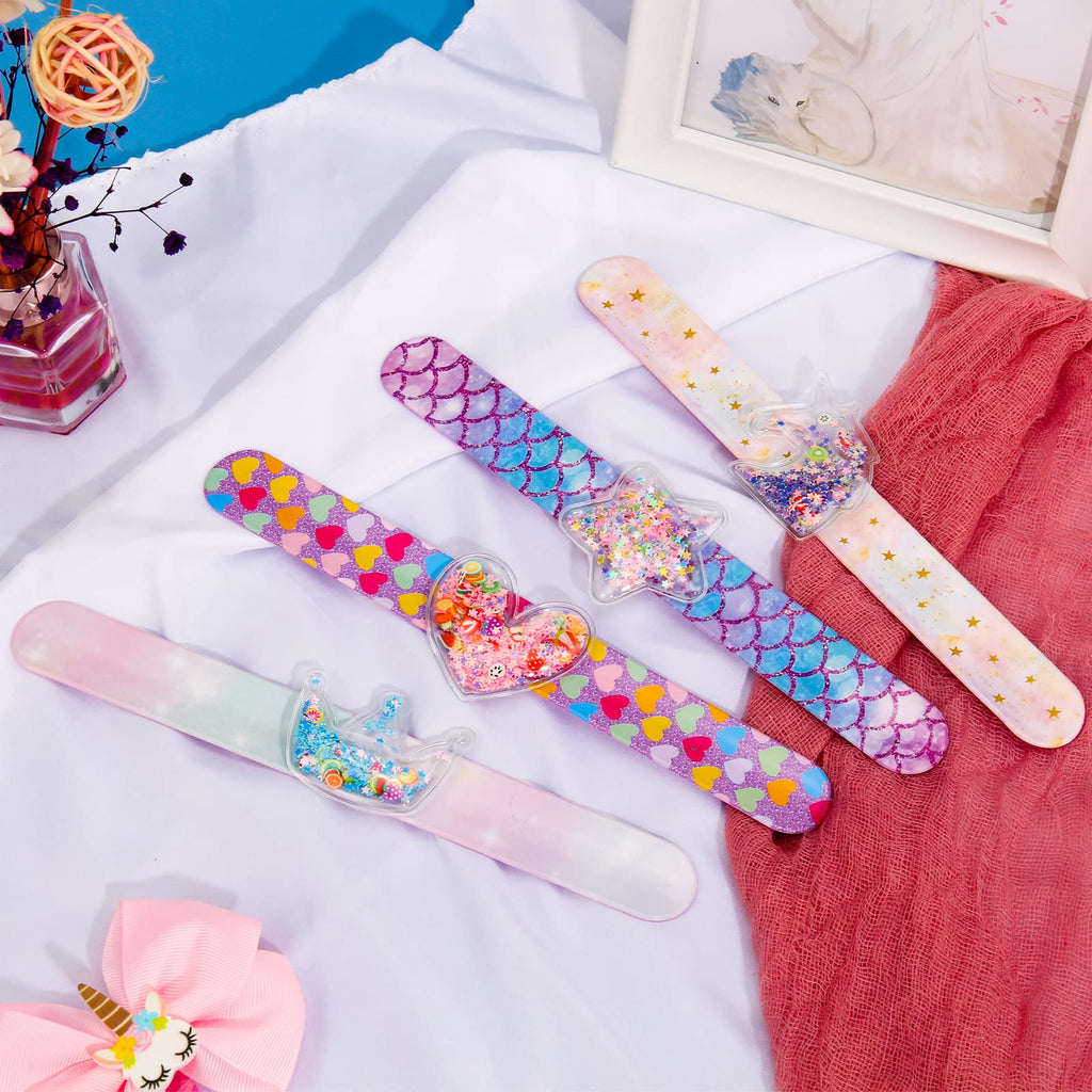 Little World 4-Pack Glitter Shaker Slap Bracelets: Unicorn Silicone Wristbands for Girls' Party Favors