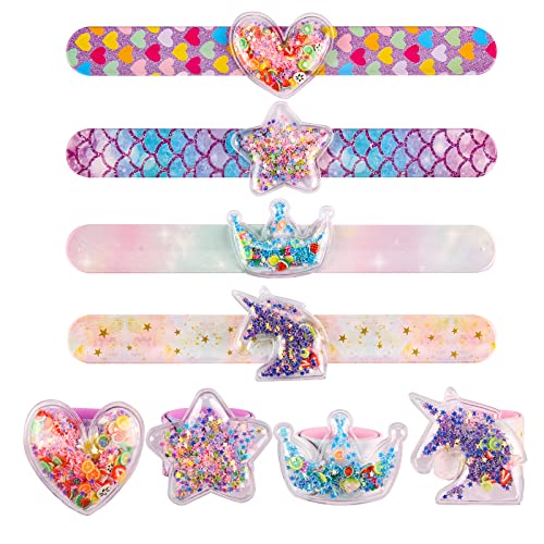 Little World 4-Pack Glitter Shaker Slap Bracelets: Unicorn Silicone Wristbands for Girls' Party Favors