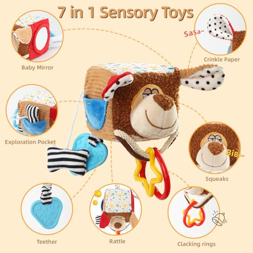 littlove Car Seat Toy: Hanging Dog Cube with Rattle, Teether & Mirror for 0-12 Months