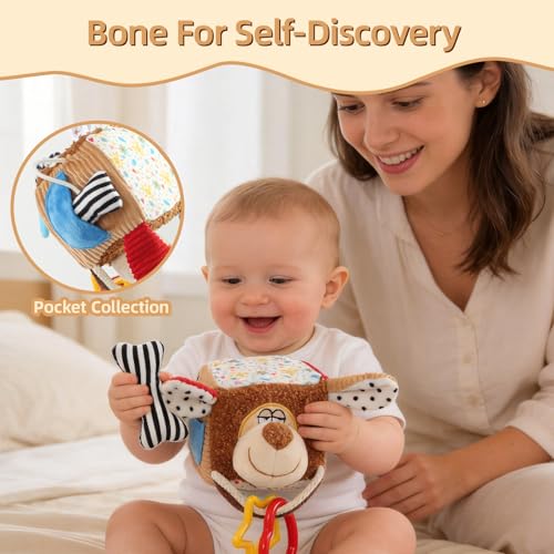 littlove Car Seat Toy: Hanging Dog Cube with Rattle, Teether & Mirror for 0-12 Months