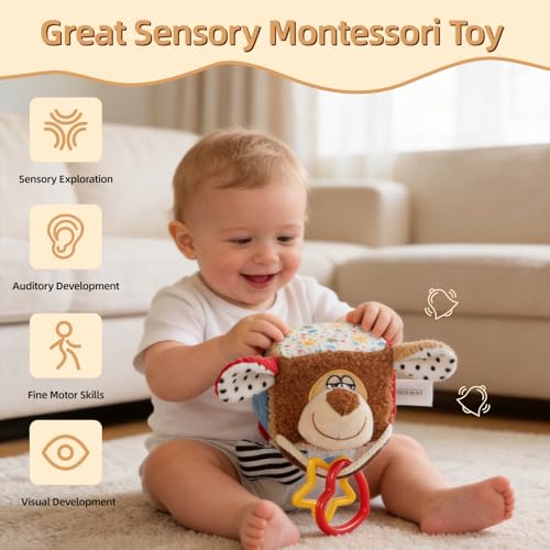 littlove Car Seat Toy: Hanging Dog Cube with Rattle, Teether & Mirror for 0-12 Months